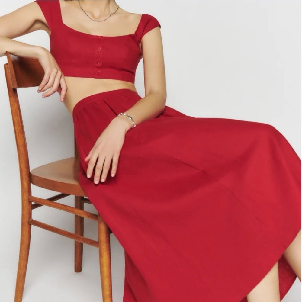 Reformation Teya Red Linen Two Piece Set Crop Top Midi Skirt - Picture 2 of 13